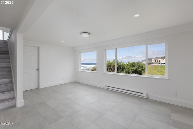 3929 NW Jetty Ave Unit 5, Lincoln City, OR 97367 - unfurnished room featuring baseboard heating, stairway, recessed lighting, light tile patterned floors, and baseboards