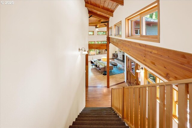 4908 SW Barnes Rd, Portland, OR 97221 - stairs with beam ceiling, wooden ceiling, plenty of natural light, wood finished floors, and high vaulted ceiling