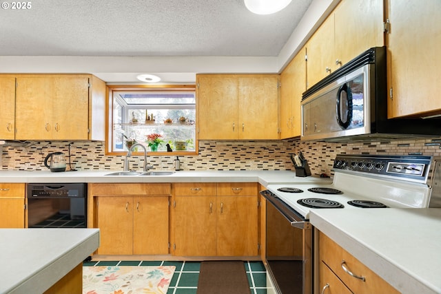 kitchen featuring dishwasher, electric stove, a textured ceiling, sink, and backsplash