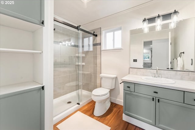 full bathroom featuring toilet, wood finished floors, a shower stall, and vanity