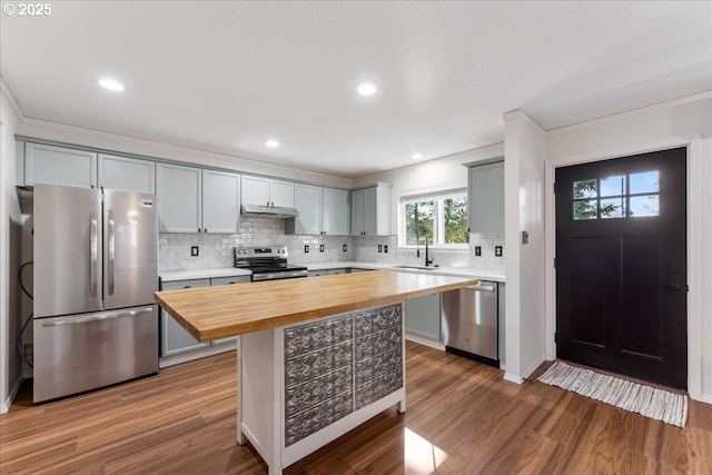 kitchen featuring under cabinet range hood, stainless steel appliances, a sink, wood finished floors, and wood counters