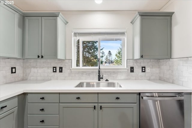 kitchen featuring decorative backsplash, gray cabinets, a sink, and stainless steel dishwasher