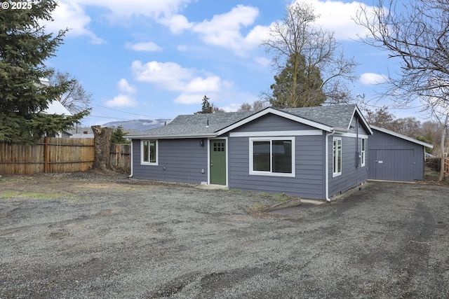 back of house featuring a shingled roof and fence