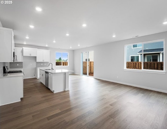 18960 SW Eureka Ln, Beaverton, OR 97007 - kitchen featuring stainless steel appliances, open floor plan, a sink, dark wood finished floors, and recessed lighting