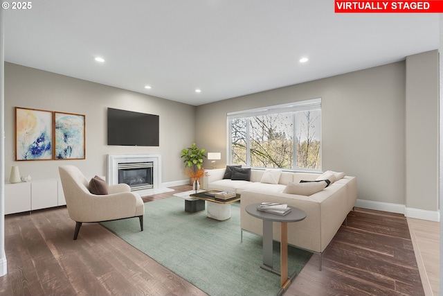 living room with dark wood-type flooring