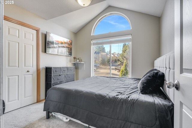 bedroom featuring lofted ceiling and light colored carpet