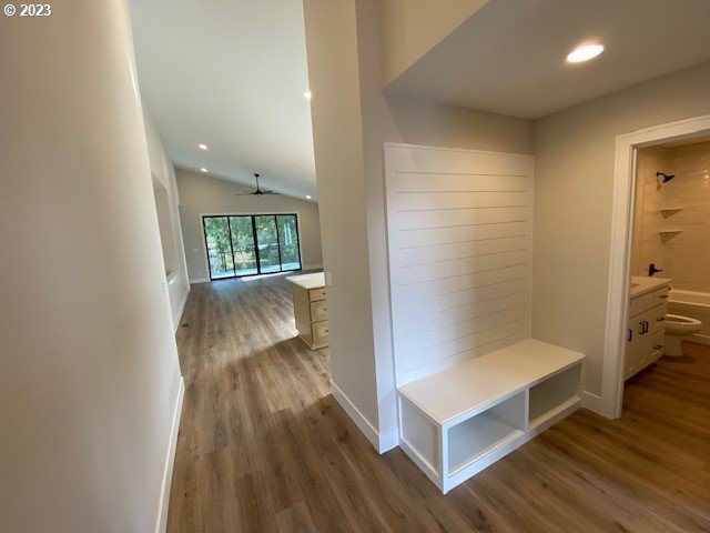 486 Meadows Dr, Manzanita, OR 97130 - mudroom with wood finished floors, lofted ceiling, ceiling fan, and recessed lighting