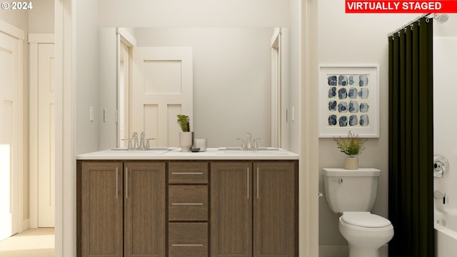 17007 NE 38th Ave, Vancouver, WA 98686 - bathroom featuring double vanity, toilet, and curtained shower