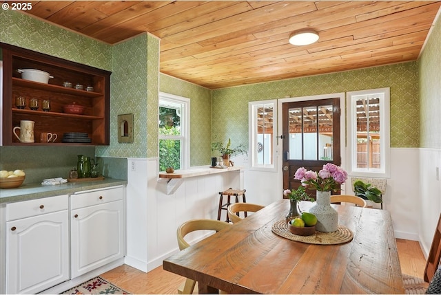 3615 NE 72nd Ave, Portland, OR 97213 - dining area featuring wallpapered walls, wood ceiling, wainscoting, and light wood-style floors