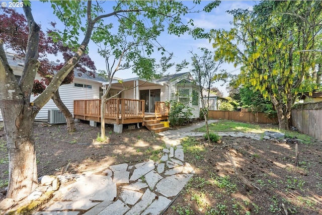 back of house with a deck, a fenced backyard, and central AC unit
