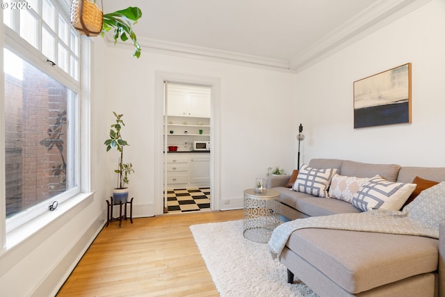 living room with ornamental molding, light wood-style flooring, and baseboards