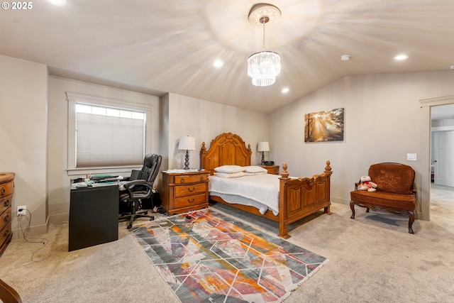 bedroom with light carpet, an inviting chandelier, and vaulted ceiling