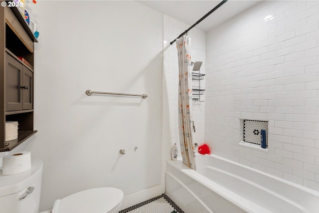 bathroom with tile patterned floors, toilet, and shower / tub combo with curtain