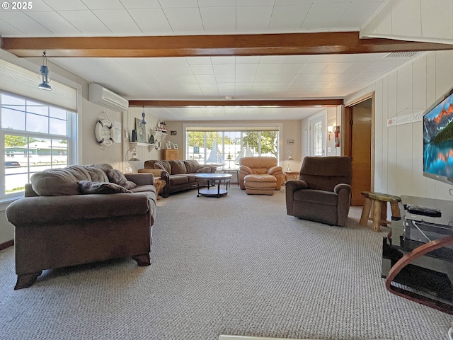 97994 W Benham Ln, Brookings, OR 97415 - living room with beamed ceiling, carpet, and a wall mounted AC