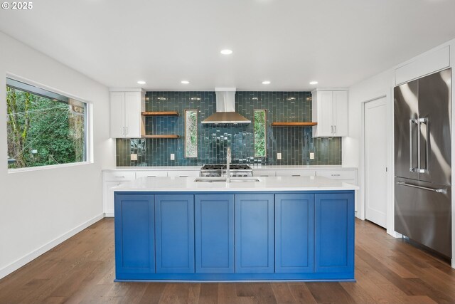 kitchen featuring blue cabinets, sink, high end appliances, wall chimney range hood, and white cabinets