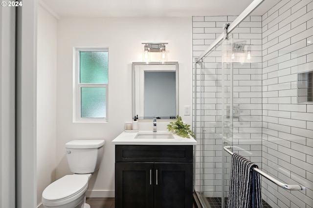 bathroom featuring vanity, toilet, and walk in shower