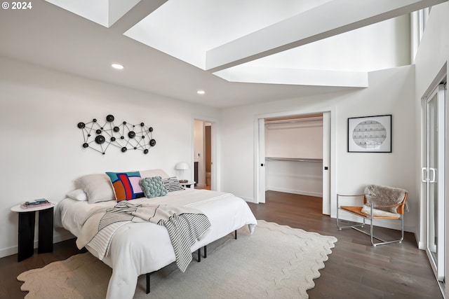 bedroom featuring a walk in closet, dark hardwood / wood-style floors, and a closet