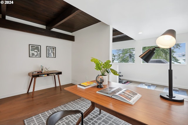 home office featuring beamed ceiling, dark hardwood / wood-style floors, and wooden ceiling