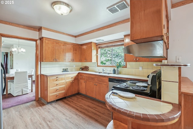 5955 NE 32nd Ave, Portland, OR 97211 - kitchen featuring decorative backsplash, range with electric cooktop, visible vents, light wood-style floors, and a chandelier