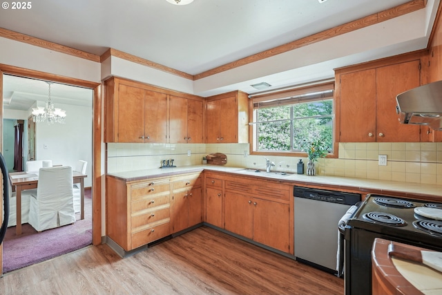 5955 NE 32nd Ave, Portland, OR 97211 - kitchen with stainless steel dishwasher, a sink, ventilation hood, black range with electric cooktop, and light wood-type flooring