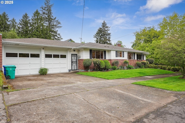 5955 NE 32nd Ave, Portland, OR 97211 - ranch-style house featuring a garage, a chimney, concrete driveway, a front yard, and brick siding