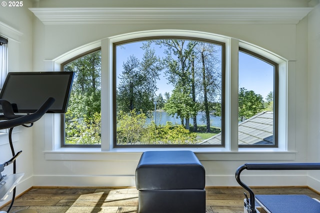 2892 Riverwalk Loop, Eugene, OR 97401 - gym with ceiling fan, visible vents, lofted ceiling, and hardwood / wood-style floors