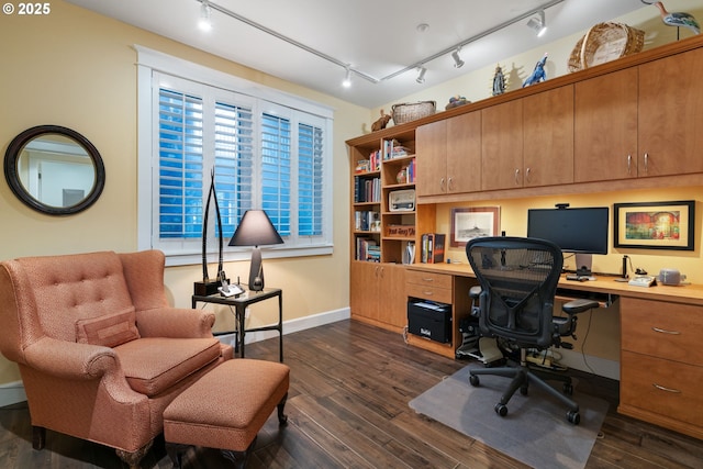 office space featuring dark wood-type flooring and baseboards