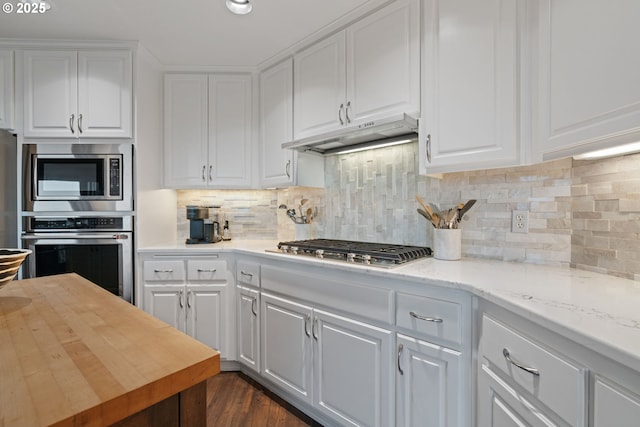 kitchen featuring under cabinet range hood, backsplash, white cabinetry, and stainless steel appliances