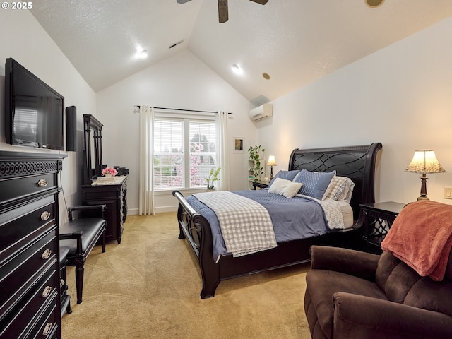 bedroom featuring light colored carpet, high vaulted ceiling, ceiling fan, a wall unit AC, and baseboards