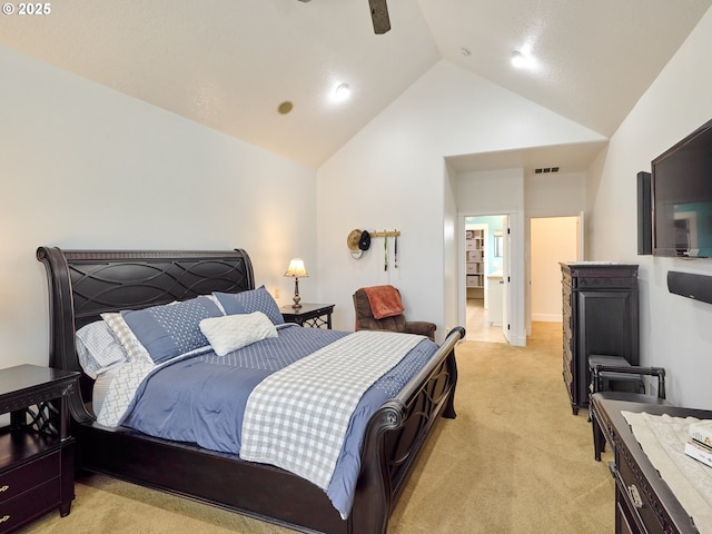 bedroom featuring high vaulted ceiling, light colored carpet, ceiling fan, and visible vents