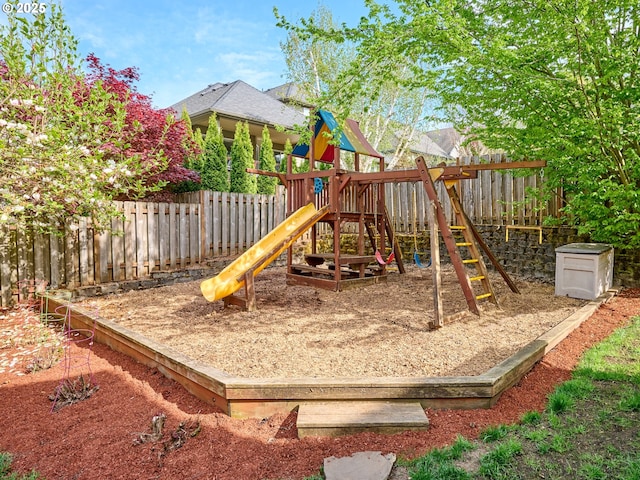 view of play area featuring a fenced backyard