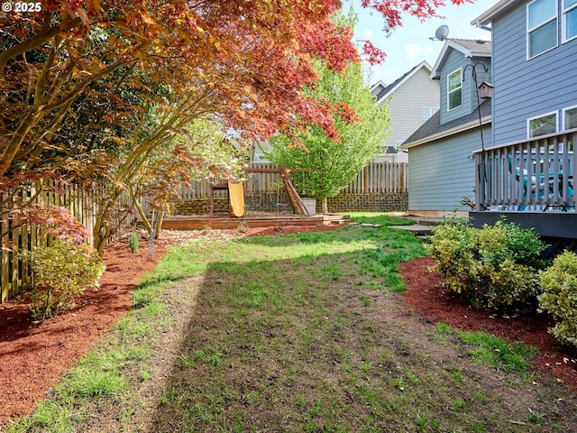 view of yard featuring a deck and a fenced backyard