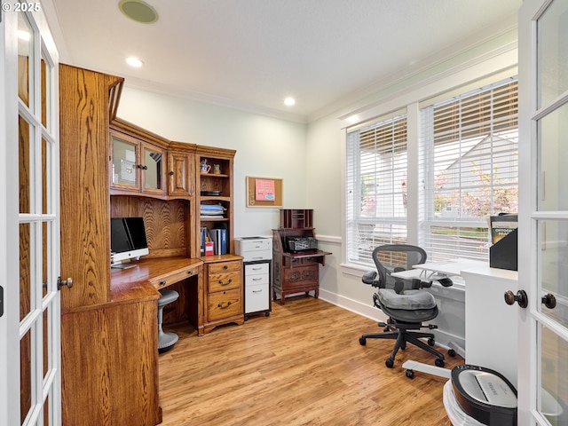 office area with light wood finished floors, ornamental molding, french doors, and recessed lighting