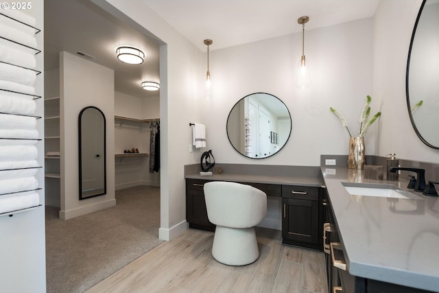 bathroom featuring vanity, a spacious closet, baseboards, and wood finished floors