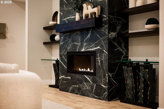 detailed view of wood finished floors and a fireplace