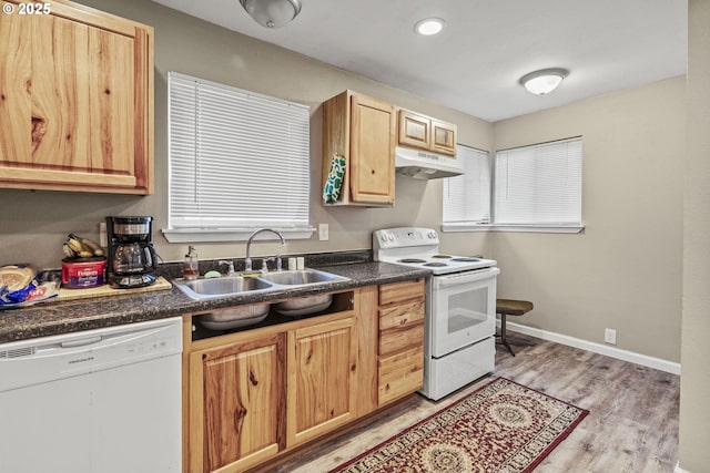 kitchen featuring white appliances, light hardwood / wood-style flooring, and sink