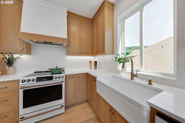 13212 SE Terra Cascade Dr, Happy Valley, OR 97086 - kitchen featuring electric stove, a sink, light countertops, custom range hood, and backsplash
