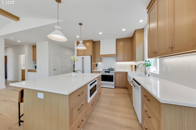13212 SE Terra Cascade Dr, Happy Valley, OR 97086 - kitchen with white appliances, a sink, extractor fan, recessed lighting, and light brown cabinets