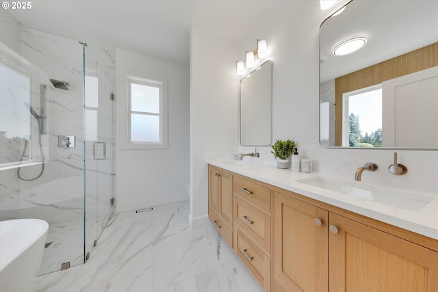 13212 SE Terra Cascade Dr, Happy Valley, OR 97086 - full bath featuring double vanity, a marble finish shower, a soaking tub, toilet, and marble finish floors