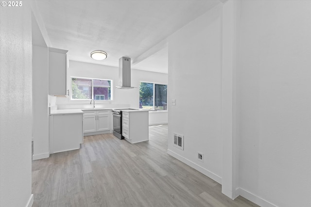 115 E Sheridan St, Newberg, OR 97132 - kitchen featuring ventilation hood, electric stove, light wood-style floors, and light countertops