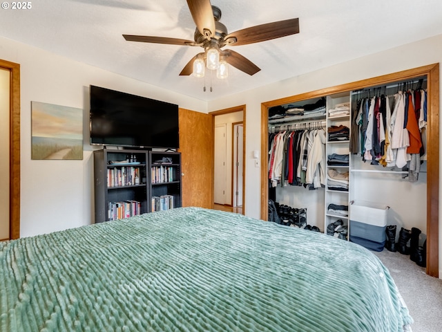 bedroom with a closet, carpet, and ceiling fan