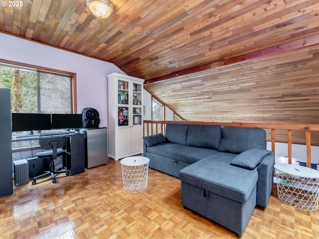 living room with vaulted ceiling and wooden ceiling