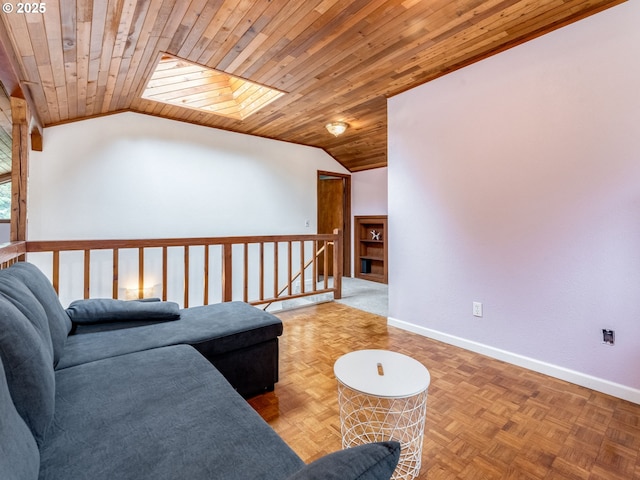 living room featuring lofted ceiling with skylight, wood ceiling, and baseboards