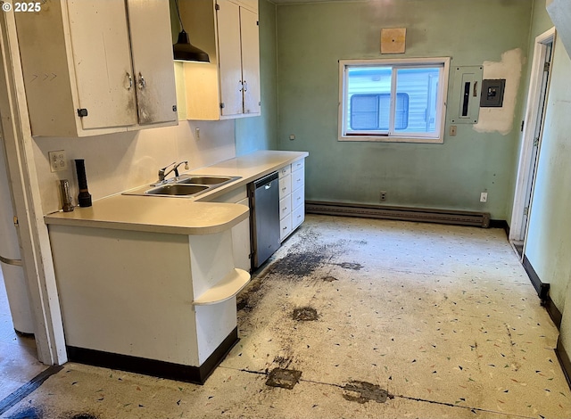 kitchen with light countertops, baseboard heating, white cabinets, electric panel, and dishwasher