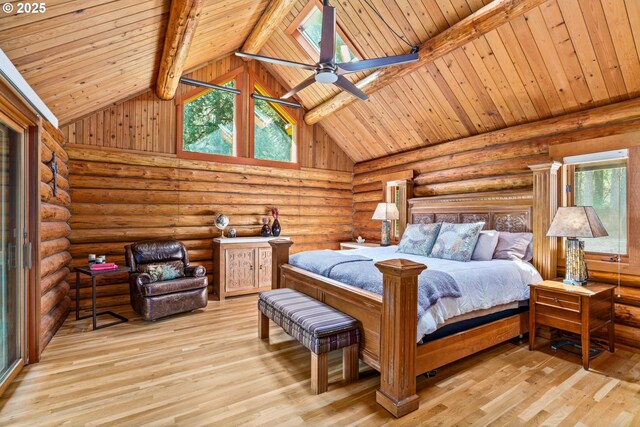 89935 Greenwood Dr, Leaburg, OR 97489 - bedroom with wood ceiling, lofted ceiling with beams, wood-type flooring, and multiple windows