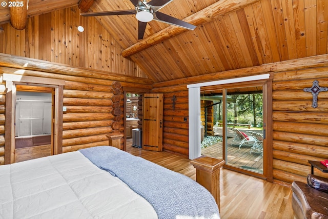 89935 Greenwood Dr, Leaburg, OR 97489 - bedroom with high vaulted ceiling, hardwood / wood-style floors, beamed ceiling, wooden ceiling, and access to exterior