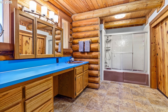 89935 Greenwood Dr, Leaburg, OR 97489 - bathroom featuring rustic walls, vanity, stone finish flooring, wood ceiling, and bath / shower combo with glass door