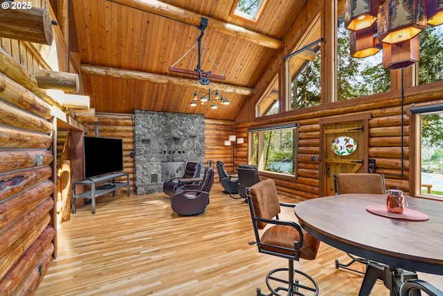 89935 Greenwood Dr, Leaburg, OR 97489 - dining area with high vaulted ceiling, wood finished floors, a skylight, wooden ceiling, and log walls