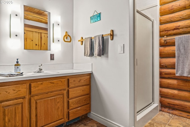 89935 Greenwood Dr, Leaburg, OR 97489 - full bath with baseboards, vanity, a shower stall, and rustic walls