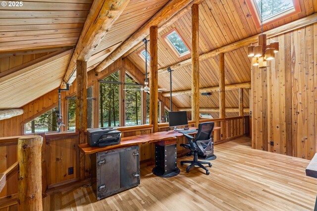 89935 Greenwood Dr, Leaburg, OR 97489 - home office with lofted ceiling with skylight, wood finished floors, and a healthy amount of sunlight